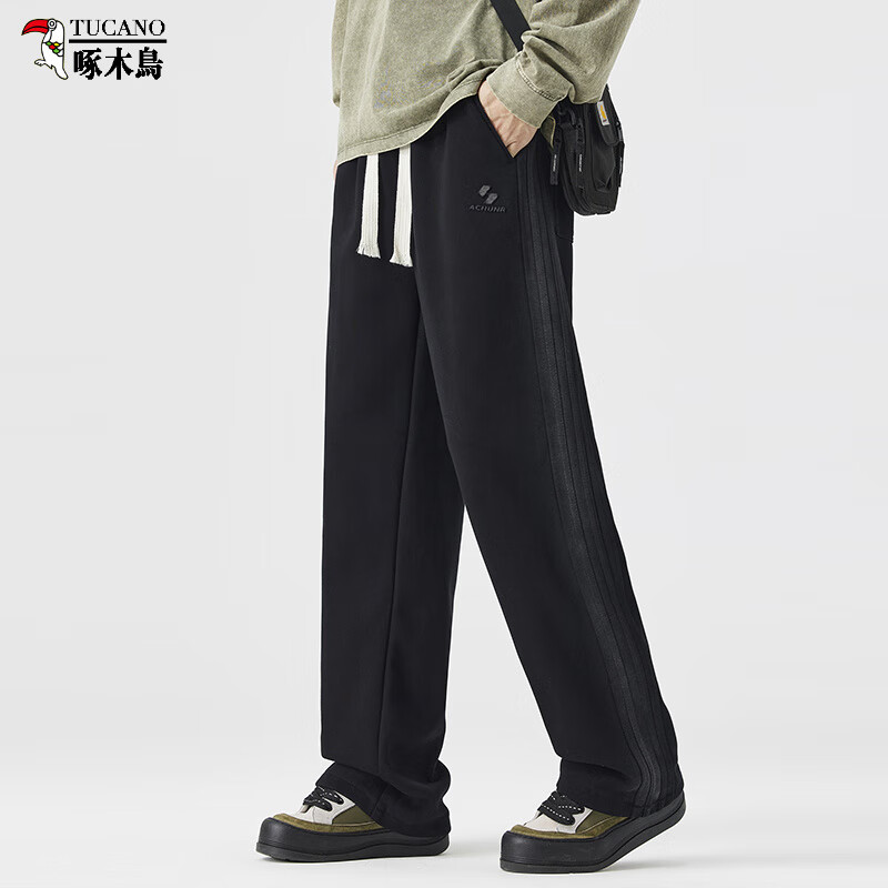啄木鸟(TUCANO)直筒抽绳休闲裤男士秋季新款百搭宽松青年透气运动裤男士长裤子男 K111黑色 常规 4XL