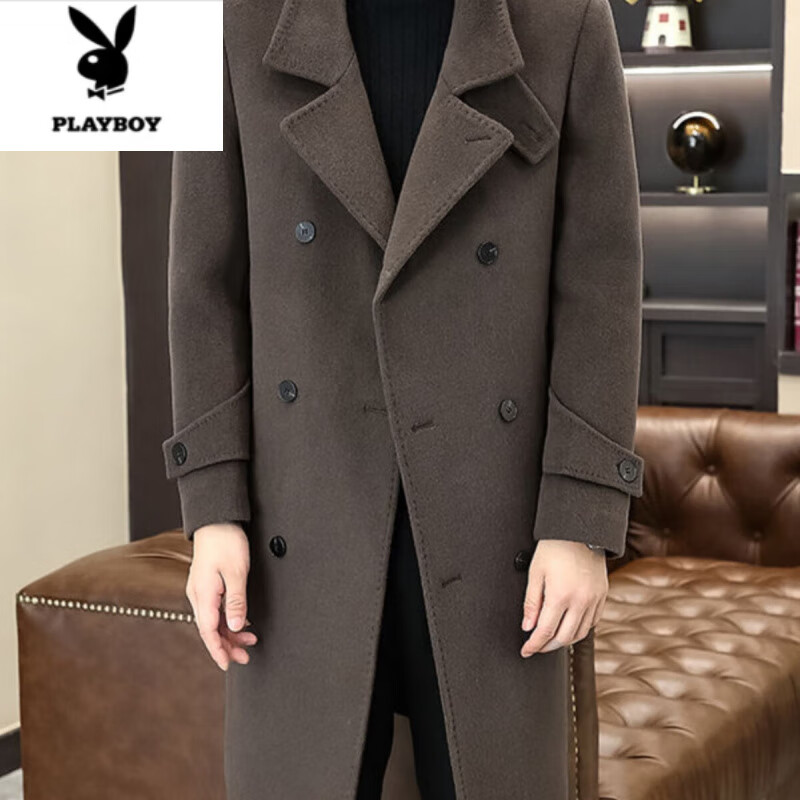 花花公子(PLAYBOY)毛呢大衣男士秋冬季韩版修身中长款呢子风衣感时尚双排扣外套 黑色 4XL 180-200