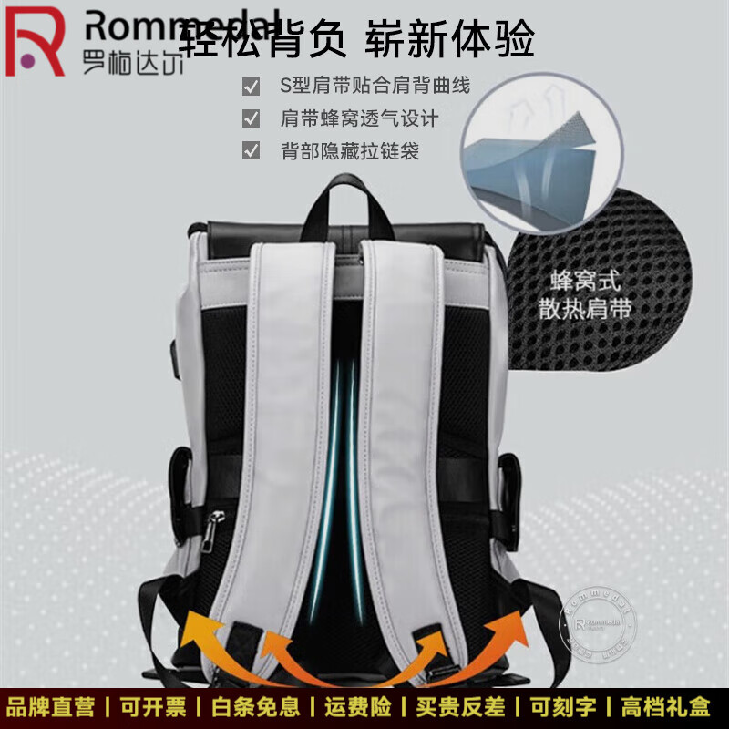 罗梅达尔（Rommedal）新款品牌高档双肩包男户外通勤背包时尚大容量学生书包男包双肩包 黑色拉链款46*32*16CM
