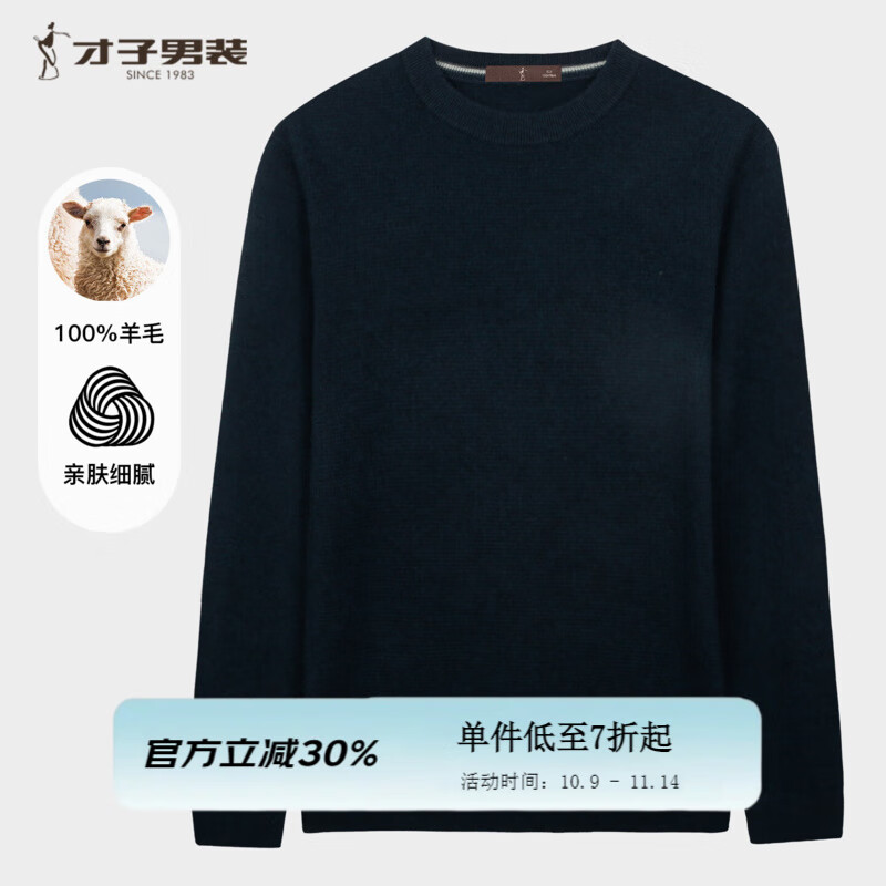 才子（TRIES）男士羊毛衫100%纯羊毛圆领毛衣男款商务休闲纯色保暖针织打底衫 深蓝色 XL 50 (175/92A)