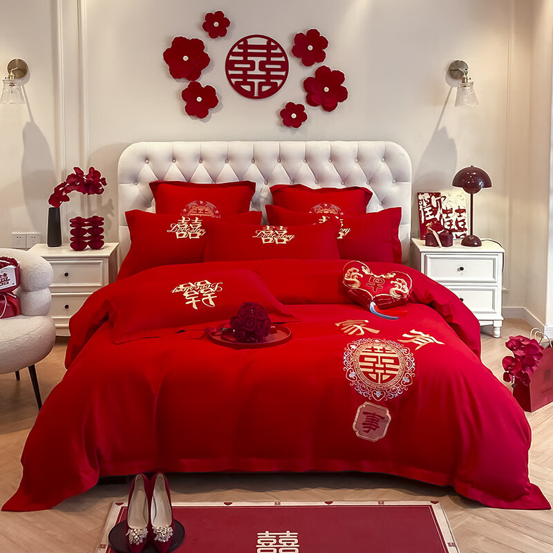 水星系列家纺结婚喜庆床上用品四件套婚庆纯棉全棉磨毛床单被套大红色新婚嫁房 家有喜事 1.8m四件套 床单款 被套200*230cm