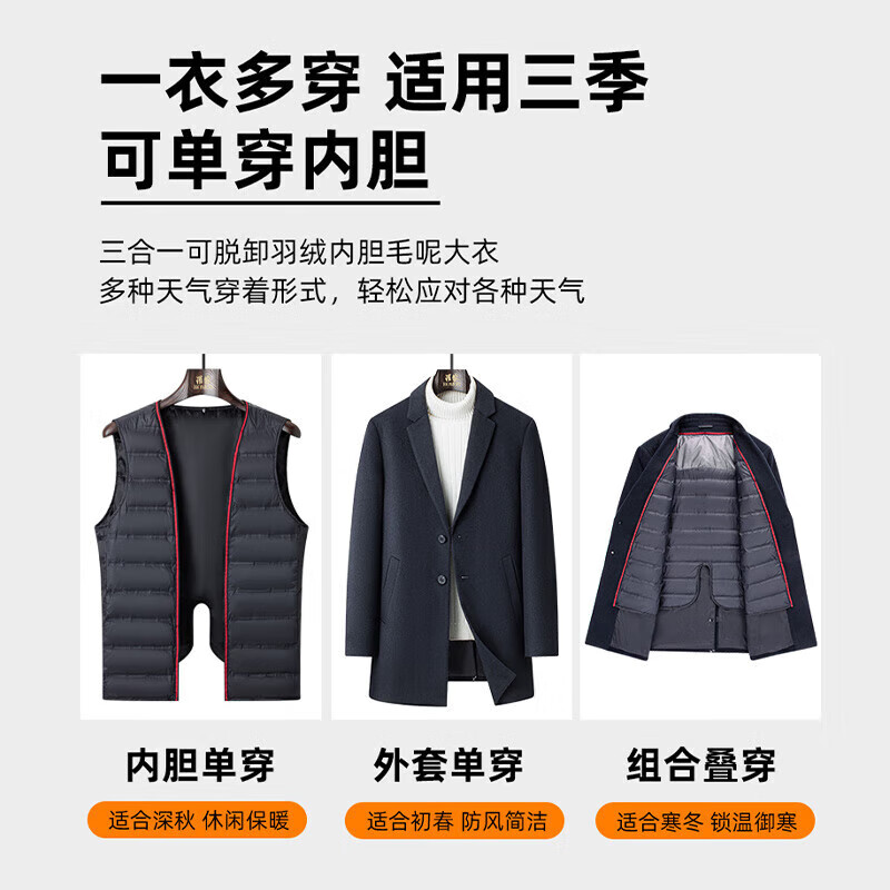 罗蒙(ROMON)【绵羊毛可脱卸羽绒内胆】商场同款毛呢大衣男中长款加厚保暖外套 藏青 XL (180)