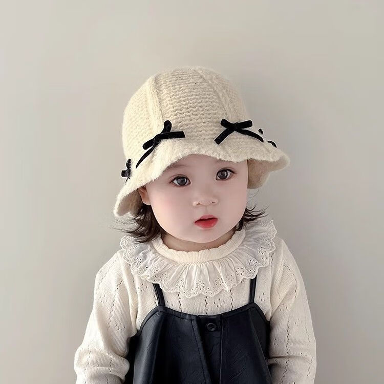 G.duck小黄鸭女童韩国甜美蝴蝶结帽子秋冬季保暖防风针织渔夫帽毛线盆帽 米色-黑色蝴蝶结款毛线渔夫帽 建议年龄18个月-3岁【48-50cm】