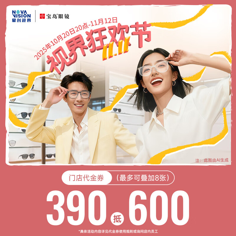 【門(mén)店專(zhuān)屬】390抵600寶島眼鏡代金券太陽(yáng)鏡配鏡可疊加8張含驗光