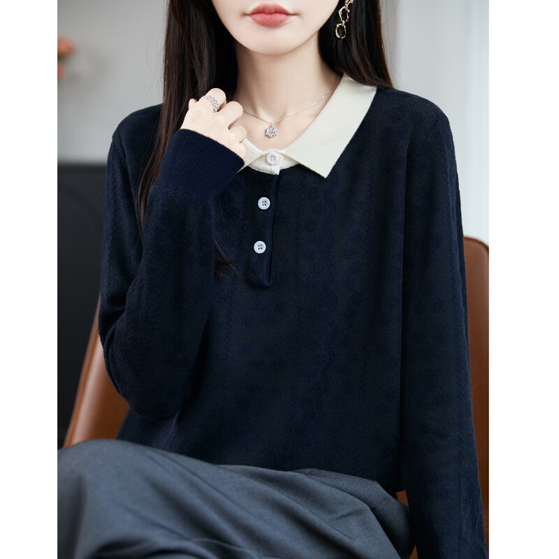 香影芬针织衫女娃娃领套头毛衣女2025秋冬新款洋气翻领宽松外穿打底衫女 蓝色 L (建议105-115斤)