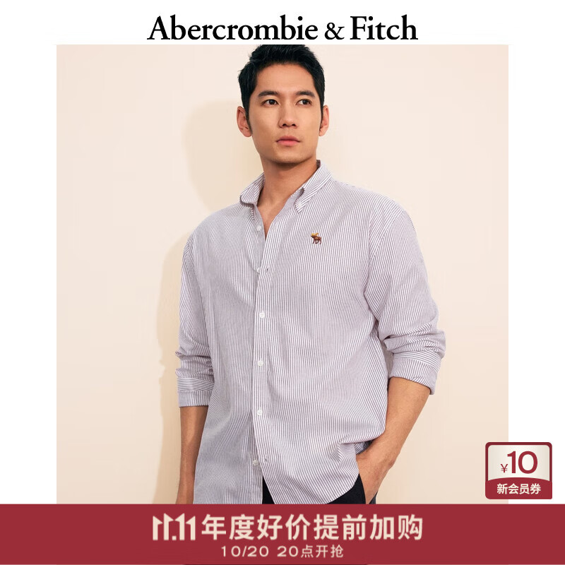 Abercrombie &amp; Fitch【牛津衬衫】经典小麋鹿图案男装25春夏美式长袖衬衫125-5083 棕红色条纹 XL (180/116A)