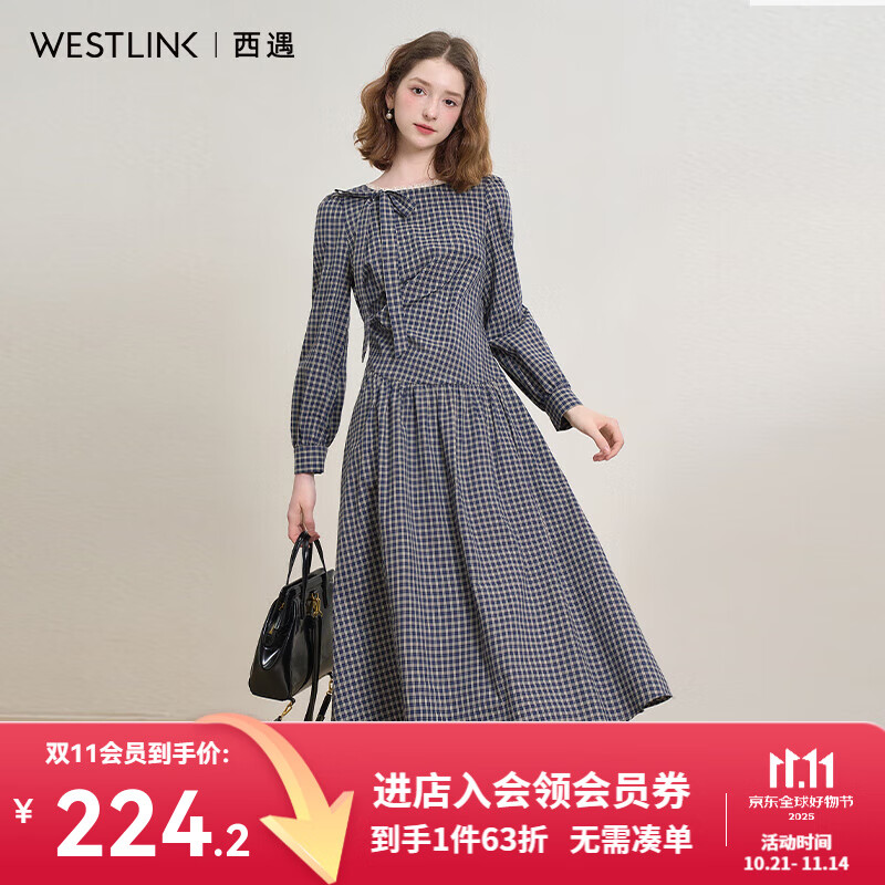 西遇甜美减龄蝴蝶结花边领设计感连衣裙女2025秋季收腰格纹裙 蓝色 L