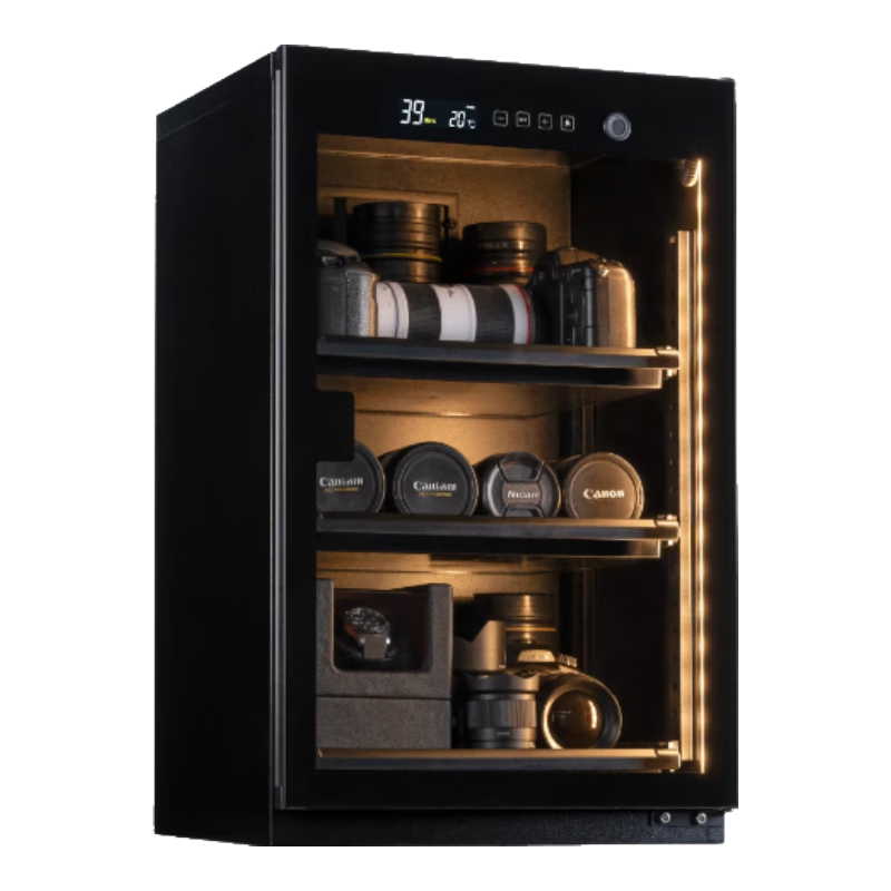 艾勵特智能透明防潮箱AI指紋識別相機(jī)鏡頭攝影器材干燥柜普洱茶葉包包手袋3d打印耗材防潮展示柜恒濕除濕 CL-90L黑色--一體電控指紋鎖