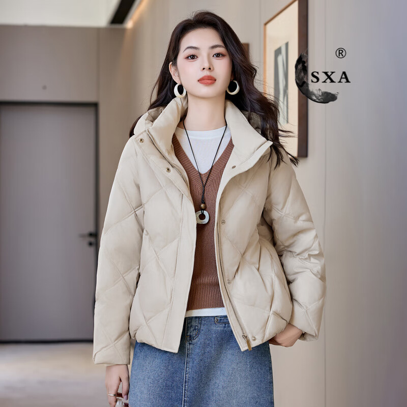 SXA香港潮牌服女短款2025冬季新款宽松休闲显瘦白鸭绒加厚外套 米色 M