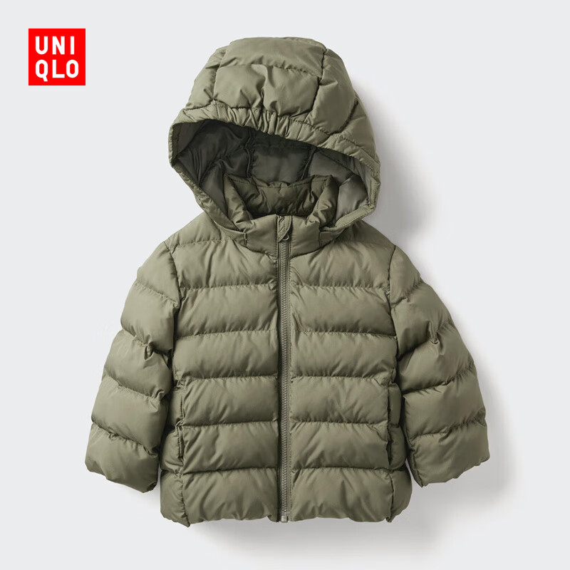 优衣库婴幼儿宝宝PUFFTECH空气棉服可机洗拉链连帽外套478427 56 橄榄色 100