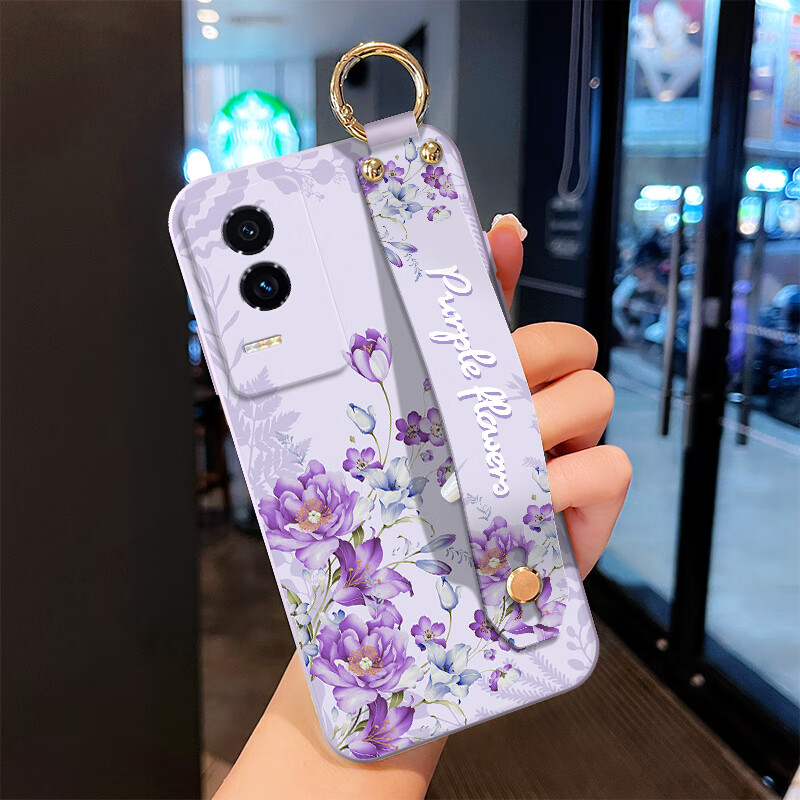 尤思时适用荣耀GT手机壳创意腕带支架时尚潮流保护壳简约女款斜挎挂脖背带硅胶软壳防摔保护套产品配件 草紫色-紫色底纹花【单壳款】 荣耀GT