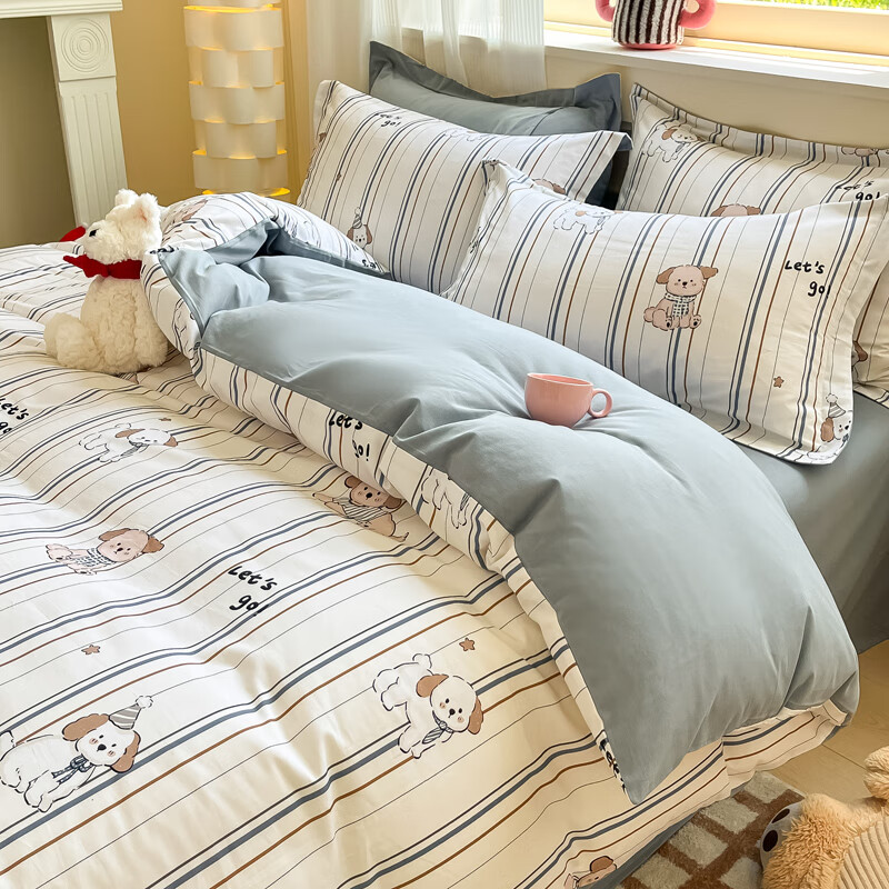 AIDLIA类全棉磨毛床上四件套纯棉床单被套床笠保暖床品套件 A趣味小狗 1.5/1.8m床 床单款 （被套200*230cm）