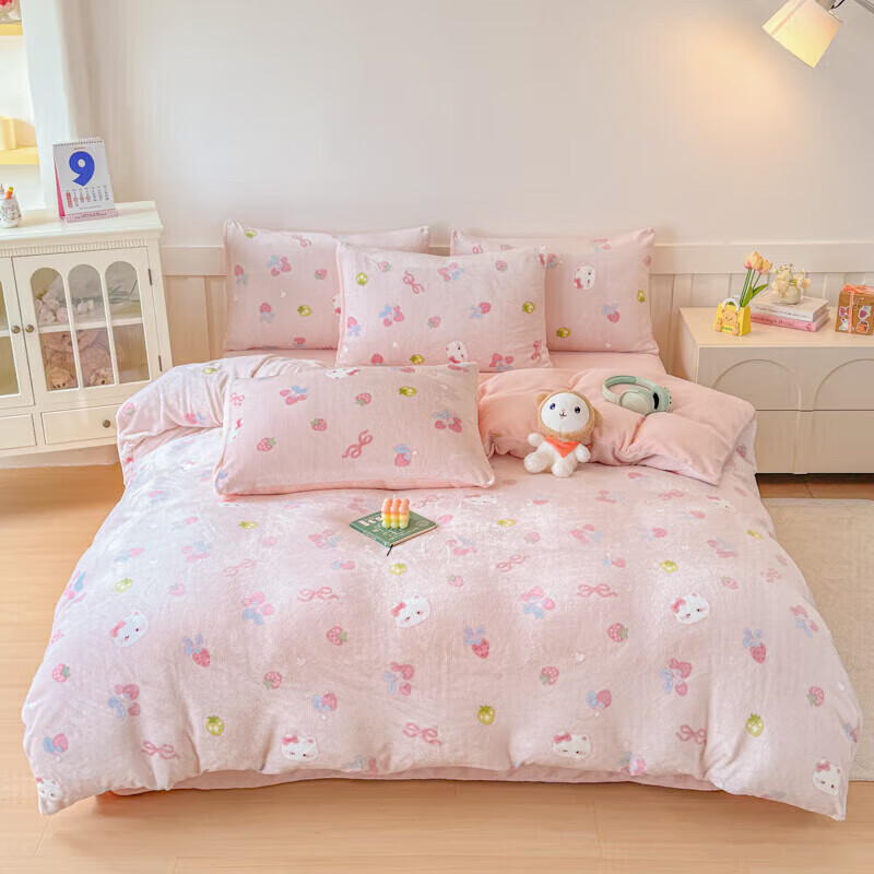 软贝小清新牛奶绒床上四件套保暖毛绒床单被套学生宿舍秋冬款三件套 草莓猫咪 床单款 2.0m  被套200*230cm 四件套