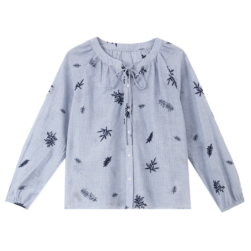 梵希蔓藍白條紋不規則植物刺繡襯衫女25年秋新款寬松長(cháng)袖圓領(lǐng)上衣 A3066 藍白條紋 XL (建議120-130斤)