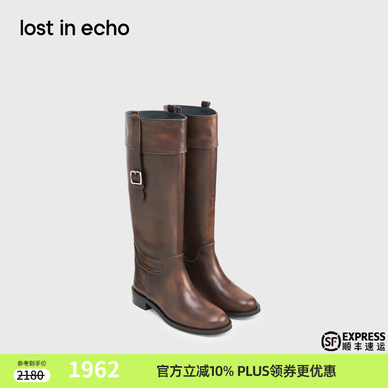 lost in echo2025早秋新款厚底圆头牛皮直筒显瘦骑士长靴一脚蹬 棕擦色 36