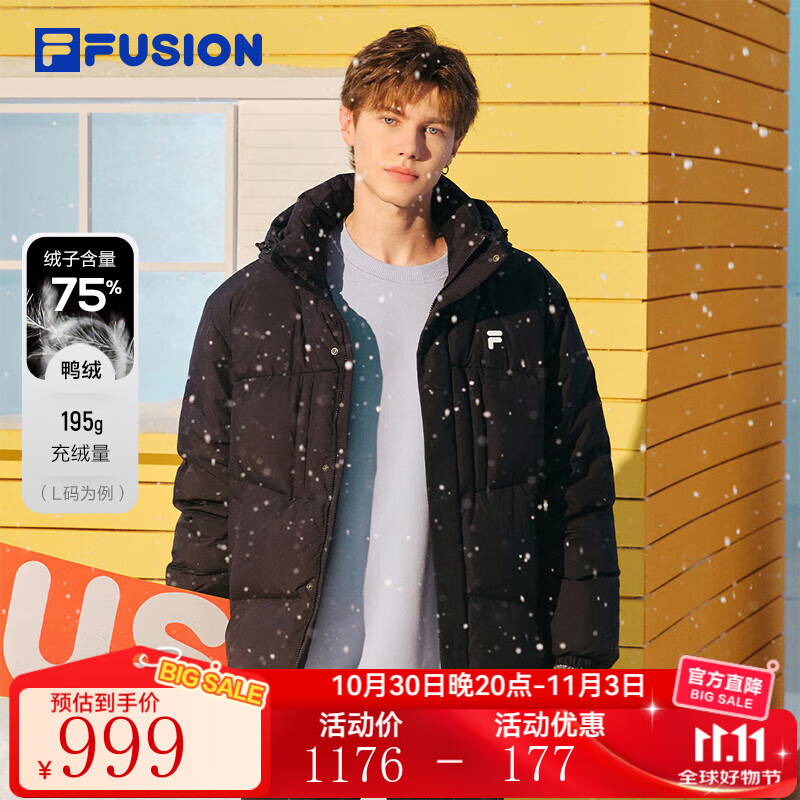 FILA FUSION斐乐潮牌情侣款羽绒服2025冬季新款宽松保暖连帽外套 正黑色-BK L 175/96A/L