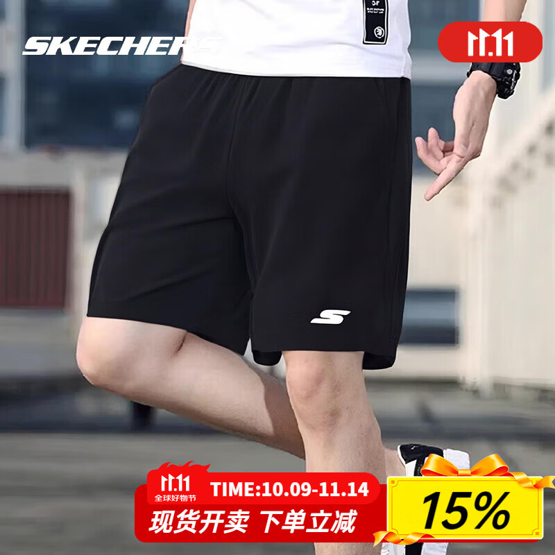 斯凯奇（Skechers）短裤男夏季2025新款梭织裤子宽松透气黑色快干运动裤 03K8/黑色 /165/70A S