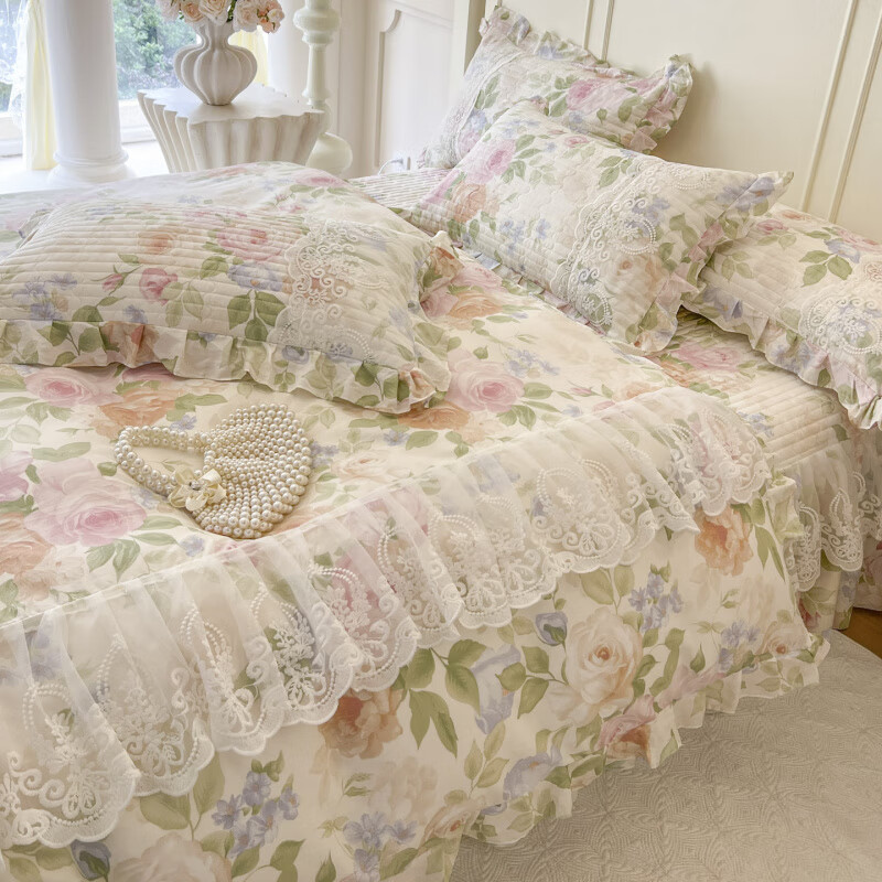 诸禄小清新田园风全棉床裙四件套纯棉小碎花床罩被套带裙边全包防滑尘 浅夏花开 床单款 2.0x2.2四件套被套220x240