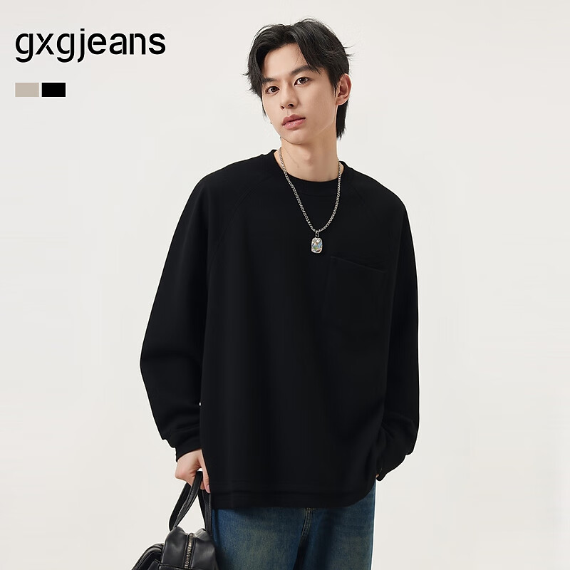 gxgjeans男装 多色假两件潮流时尚宽松卫衣男生上衣 25年秋新品 黑色 L (175)