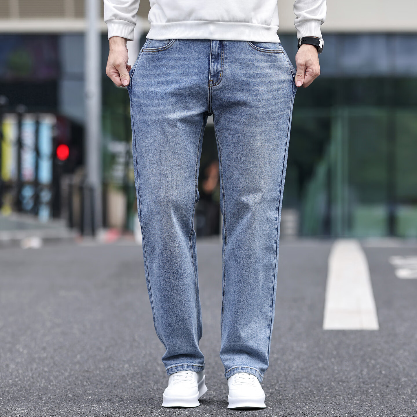 大大牛亲肤舒适秋冬季加厚牛仔裤男四面弹直筒宽松高腰休闲时尚长裤子 浅蓝色 2601A 44 推荐240-260斤