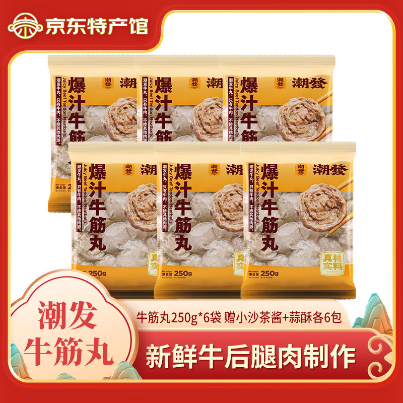 潮发潮汕正宗牛肉丸牛筋丸烧烤火锅食材关东煮空气炸锅麻辣烫 250g/袋 牛筋丸6袋 赠小沙茶酱+蒜酥各6包