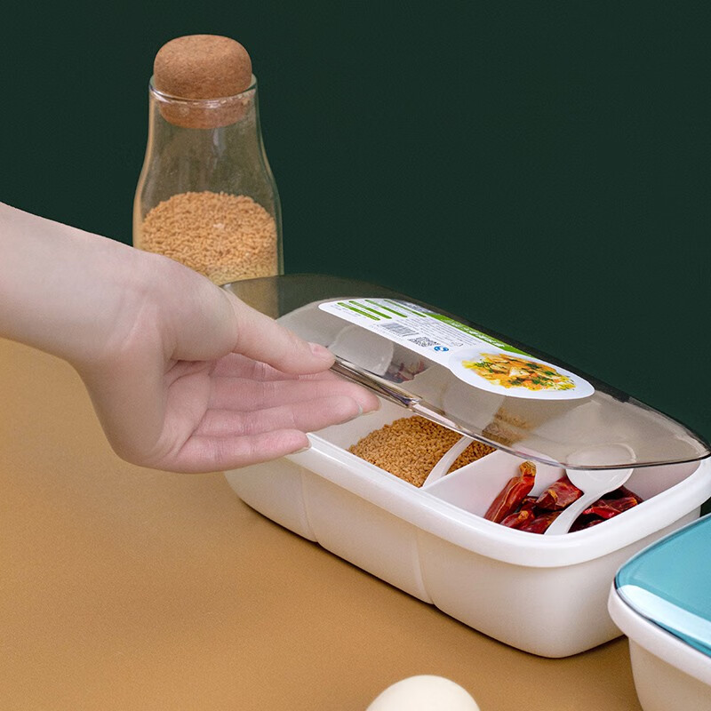 茶花调料盒家用塑料厨房收纳盒调味盒套装带盖盐糖味精佐料调味罐 蓝色【三格一体 带勺子】