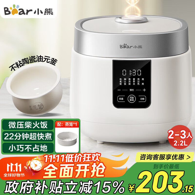 小熊（Bear）电饭煲2-3人 小型电饭锅 多功能微压快煮陶瓷油内胆 可预约小容量电饭煲2.2升 DFB-D20H2