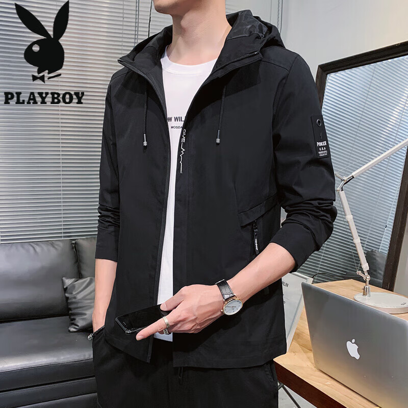 花花公子（PLAYBOY）韩版休闲男款夹克2025春秋新款百搭潮流风衣冬季加绒加厚外套男装 黑色 XL