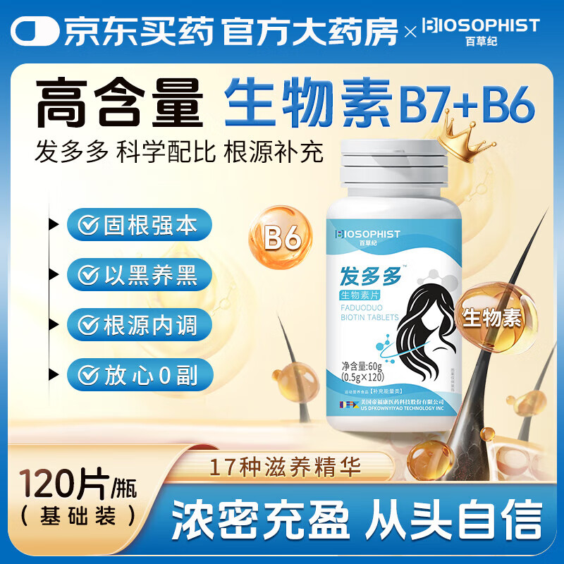 百草纪生物素b7维生素h.b6内调搭白头发变黑转黑养发脱发治根胶囊 1瓶基础装