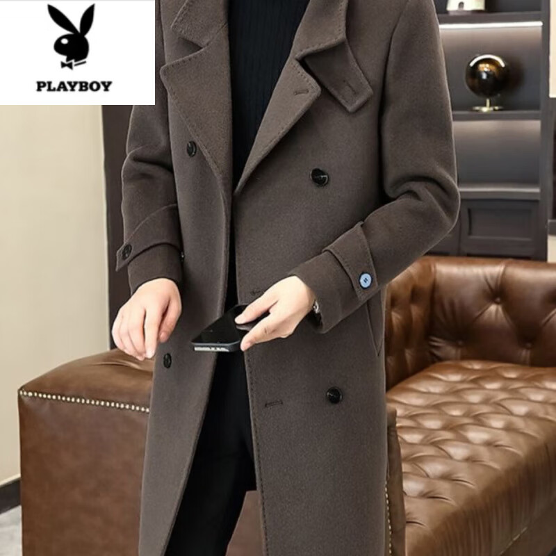 花花公子(PLAYBOY)毛呢大衣男士秋冬季韩版修身中长款呢子风衣感时尚双排扣外套 黑色 4XL 180-200