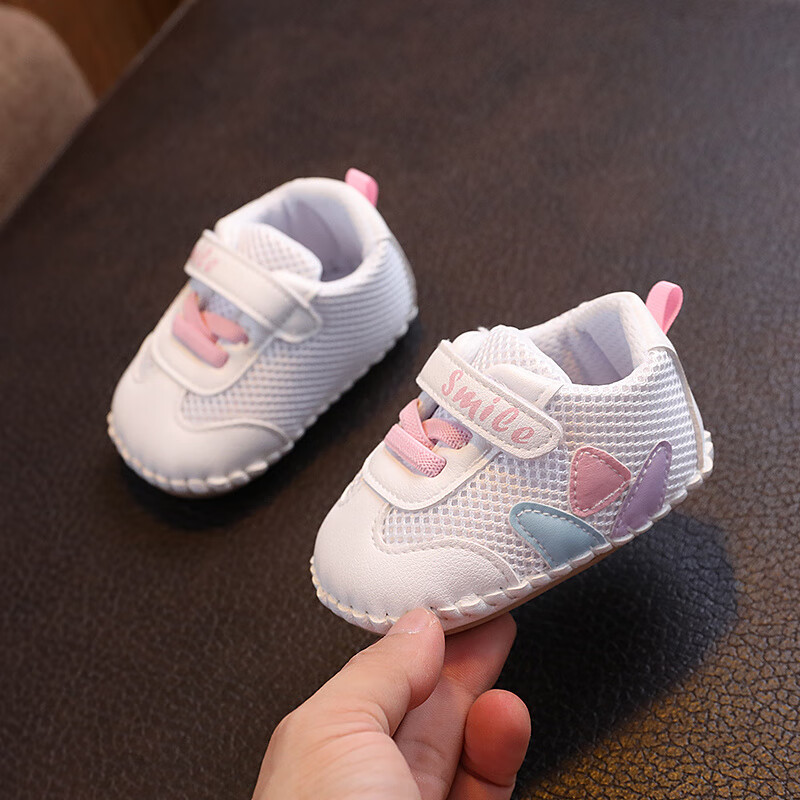潮梦城小童学步鞋透气网面秋冬运动鞋0-2岁学走路板鞋防滑软底不掉白鞋 粉色三叶花透气网面春秋运动鞋GD 11 内长cm(建议0-4个月)