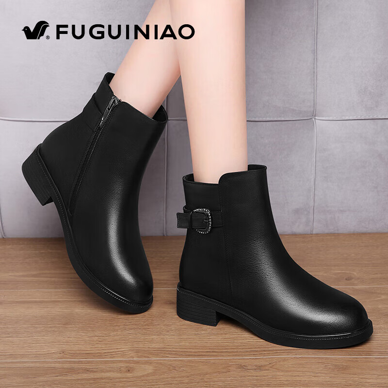 富贵鸟（FUGUINIAO）时装靴女靴秋冬新款短筒粗跟拉链时尚真皮短靴女加绒舒适妈妈鞋 黑色单里 （跟高3.4CM) 37