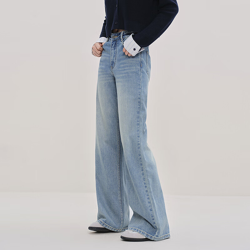 乐町直筒水洗牛仔裤秋季新款纯棉高腰牛仔长裤 淡色牛仔蓝(现货) S