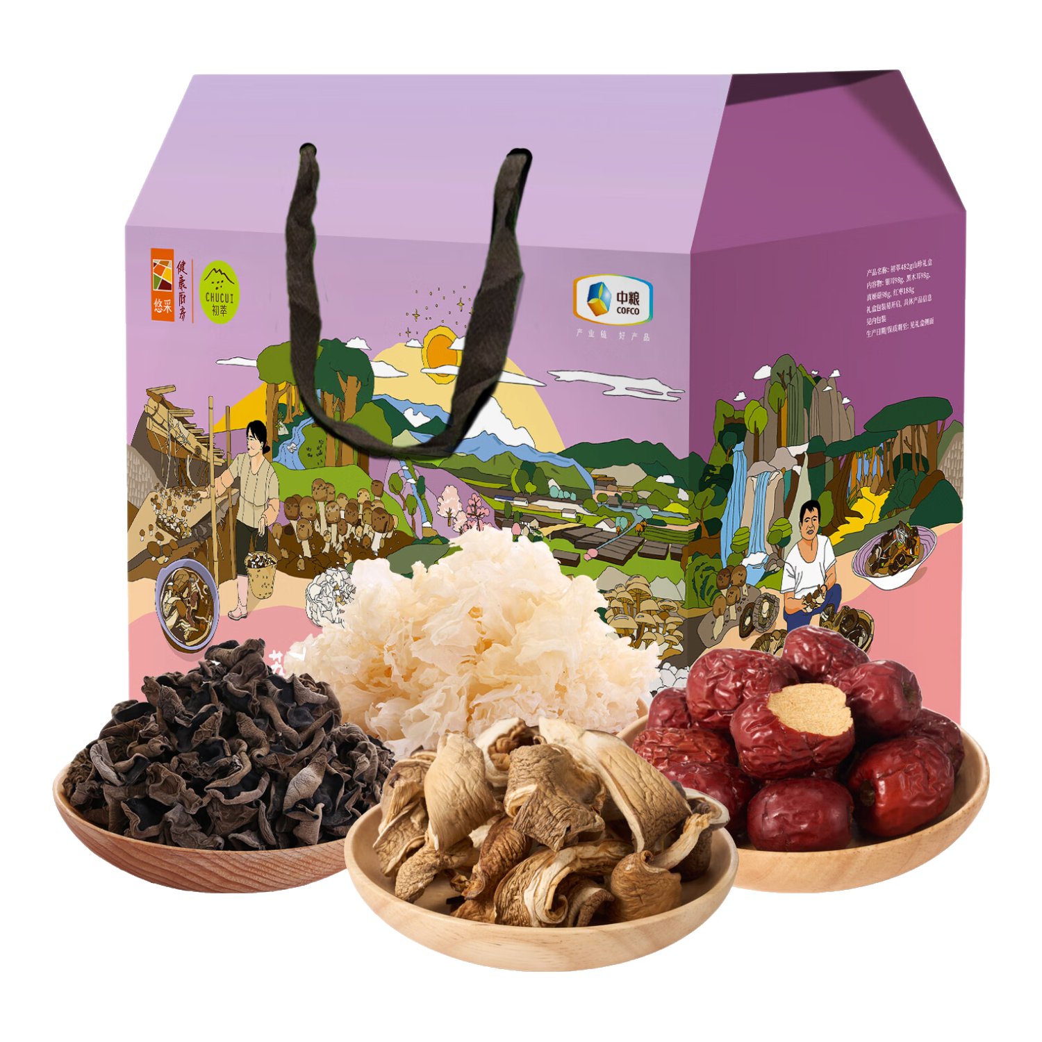 初萃中粮山珍礼盒菌菇礼盒黑木耳银耳冬菇茶树菇山货 春节年货礼品   482g 黑木耳+银耳+真姬菇+红枣