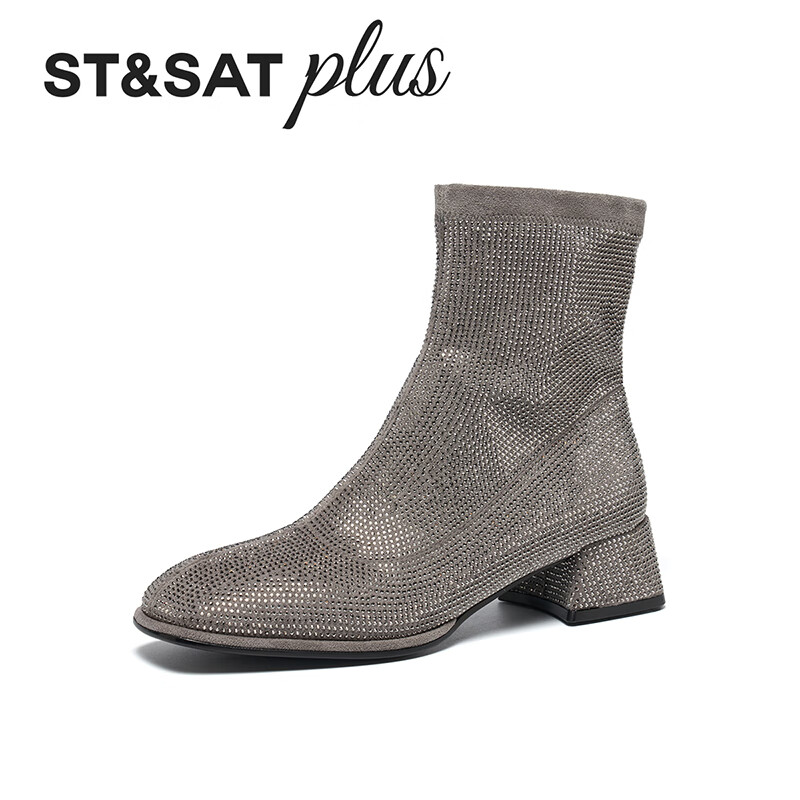 星期六（St&Sat）女靴冬季新款时尚简约通勤方头粗跟弹力靴短靴 银色 40