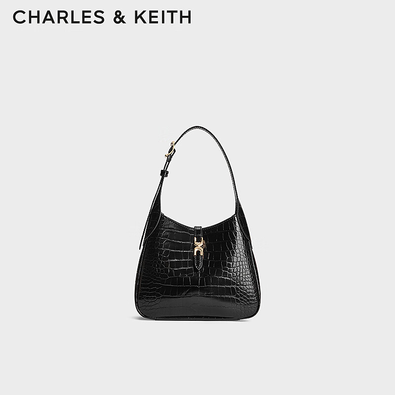 CHARLES&KEITH25冬新品简约hobo单肩斜挎腋下托特包CK2-40782727 CK2-40782727-2Black Croco黑色 S