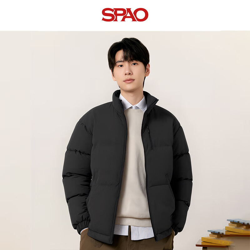 SPAO立领绗线棉服男女2025冬季加绒保暖防寒短款宽松外套SPMF23PM01XY 黑#纯色 M