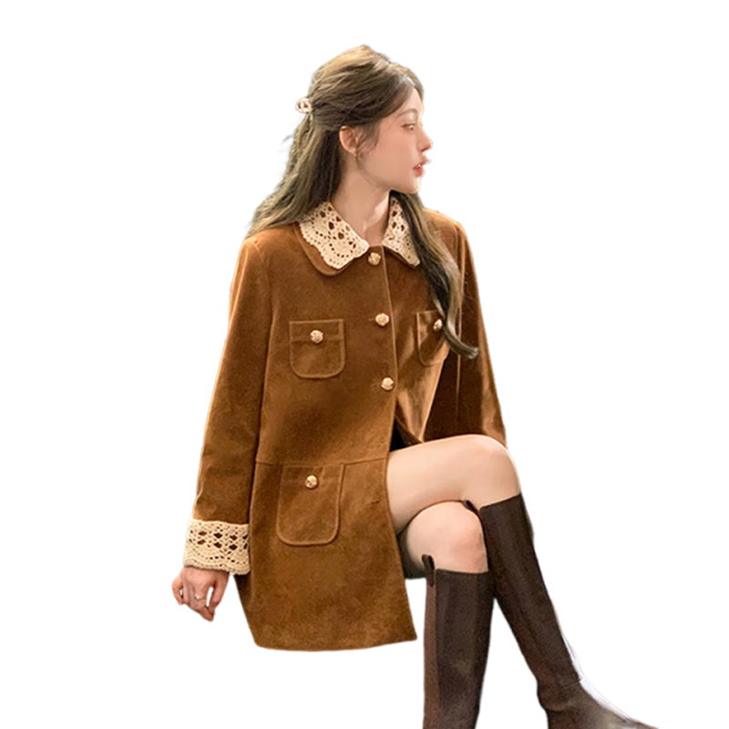 西遇(Westlink)小香風(fēng)絲絨外套女2025年秋季新款miu系蕾絲翻領(lǐng)中長款風(fēng)衣 焦糖色 L/XL預(yù)售15天 S