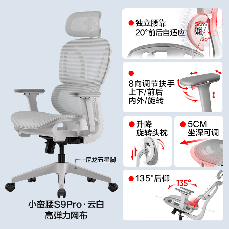 网易严选半佛推荐 小蛮腰双背人体工学椅转椅 办公椅电脑椅 【S9pro】云白无搁脚(尼龙五角脚)