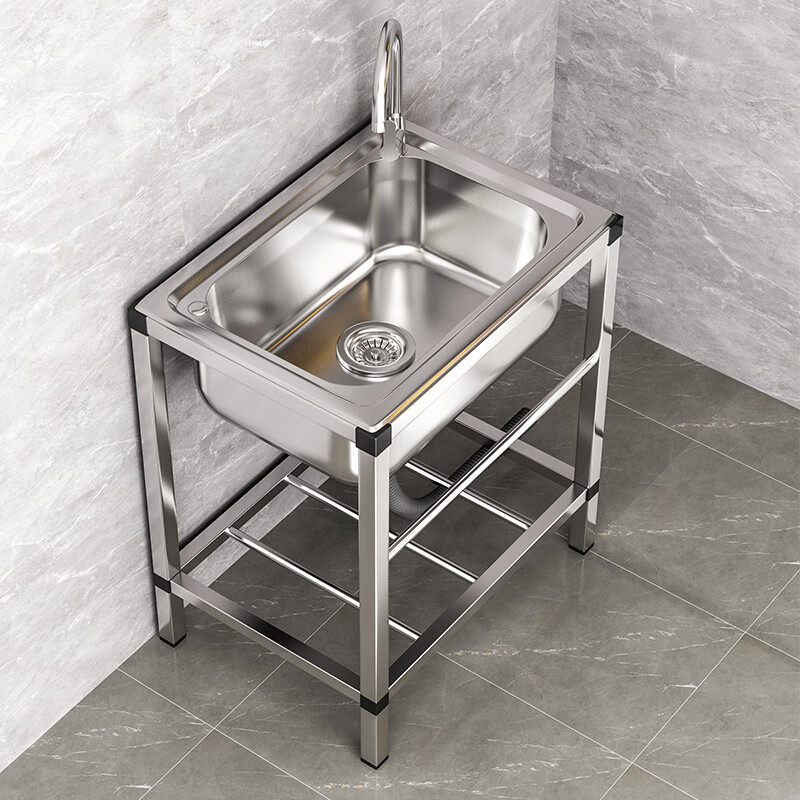 胖东来同款品质代购洗菜盆厨房J加厚简易304不锈钢水槽大单槽双槽 304钢53*38配冷热龙头