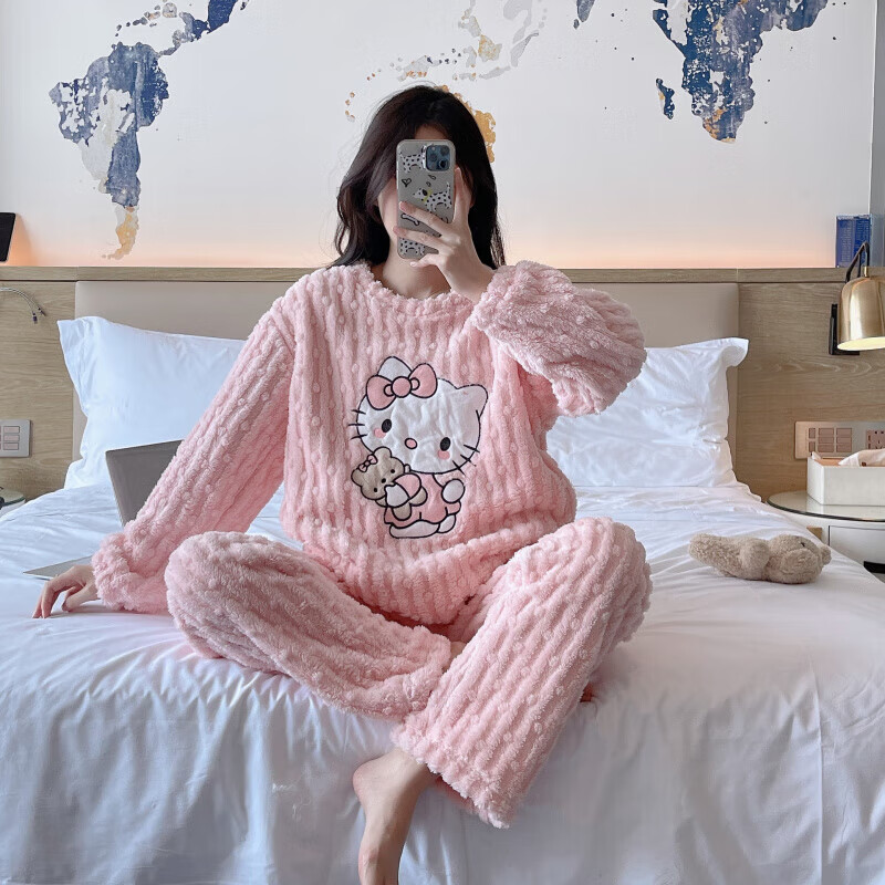 诗莉奥(SHILIAO)珊瑚绒睡衣女冬季加厚长袖套头家居服套装女装 卡通猫-粉色套装 均码 155-175/80-105CM