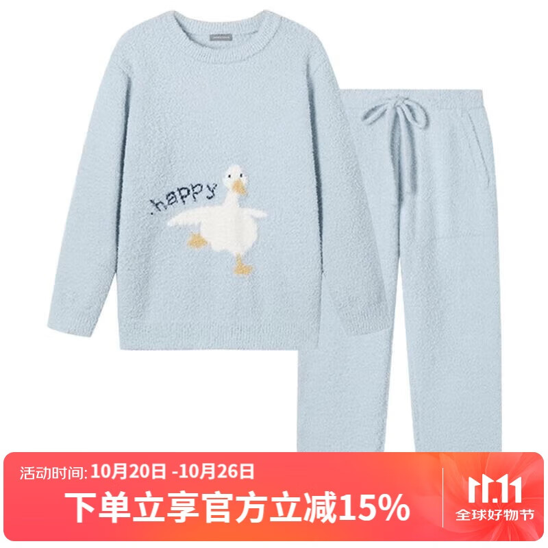 舒雅（Schiesser）女士厚款半边绒圆领印花长袖长裤睡衣家居服套装 浅蓝 L