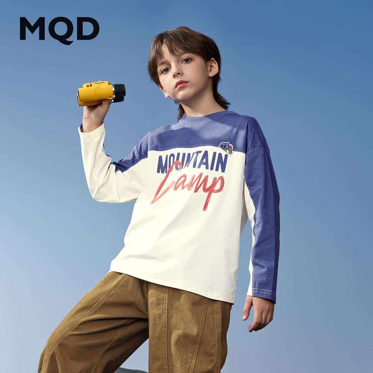 马骑顿（MQD）男童25秋新款户外工装风撞色拼接宽松落肩字母长袖T恤内搭 本白 150