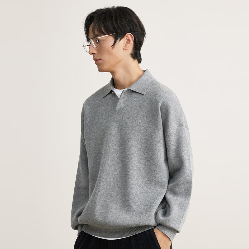 MARKLESS毛衣男休闲套头针织翻领长袖落肩可机洗卫衣5703 月亮灰 常规 L