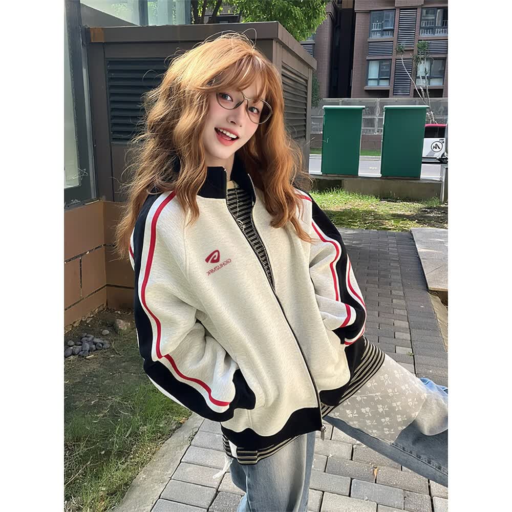 LDBE美式复古撞色条纹开衫卫衣外套女春秋薄款小众设计感宽松休闲立领 浅灰色【春秋薄款】 M 【80-100斤】