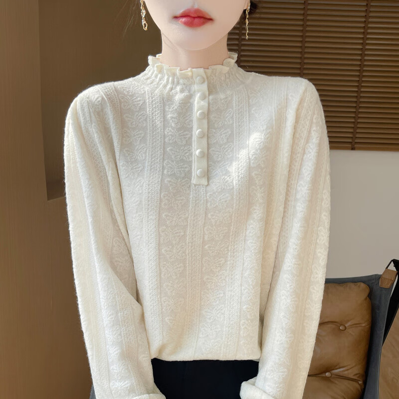 香影芬2025秋冬新款蕾丝荷叶花边领针织打底衫女宽松减龄半高领加厚毛衣 白色 L (建议105-115斤)