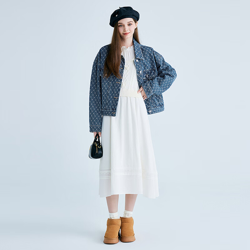 乐町【商场同款】 2025春季新款蝴蝶结牛仔外套 牛仔中蓝 S