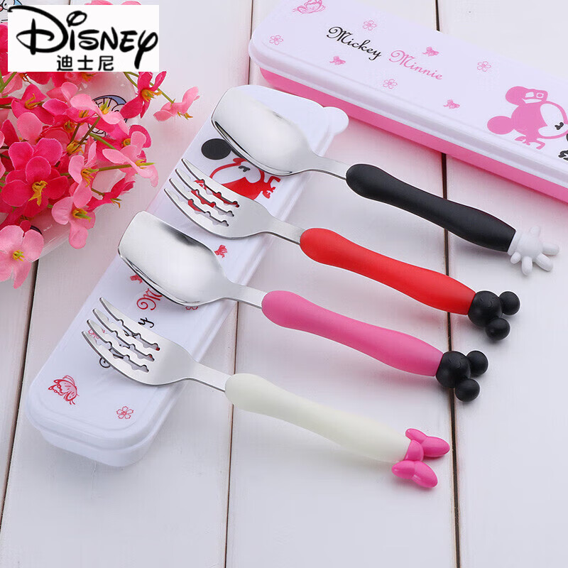 迪士尼(Disney)不锈钢米奇米妮叉勺 儿童餐具婴儿创意卡携宝宝吃饭叉勺套装 2个米奇勺子 304食品级不锈钢