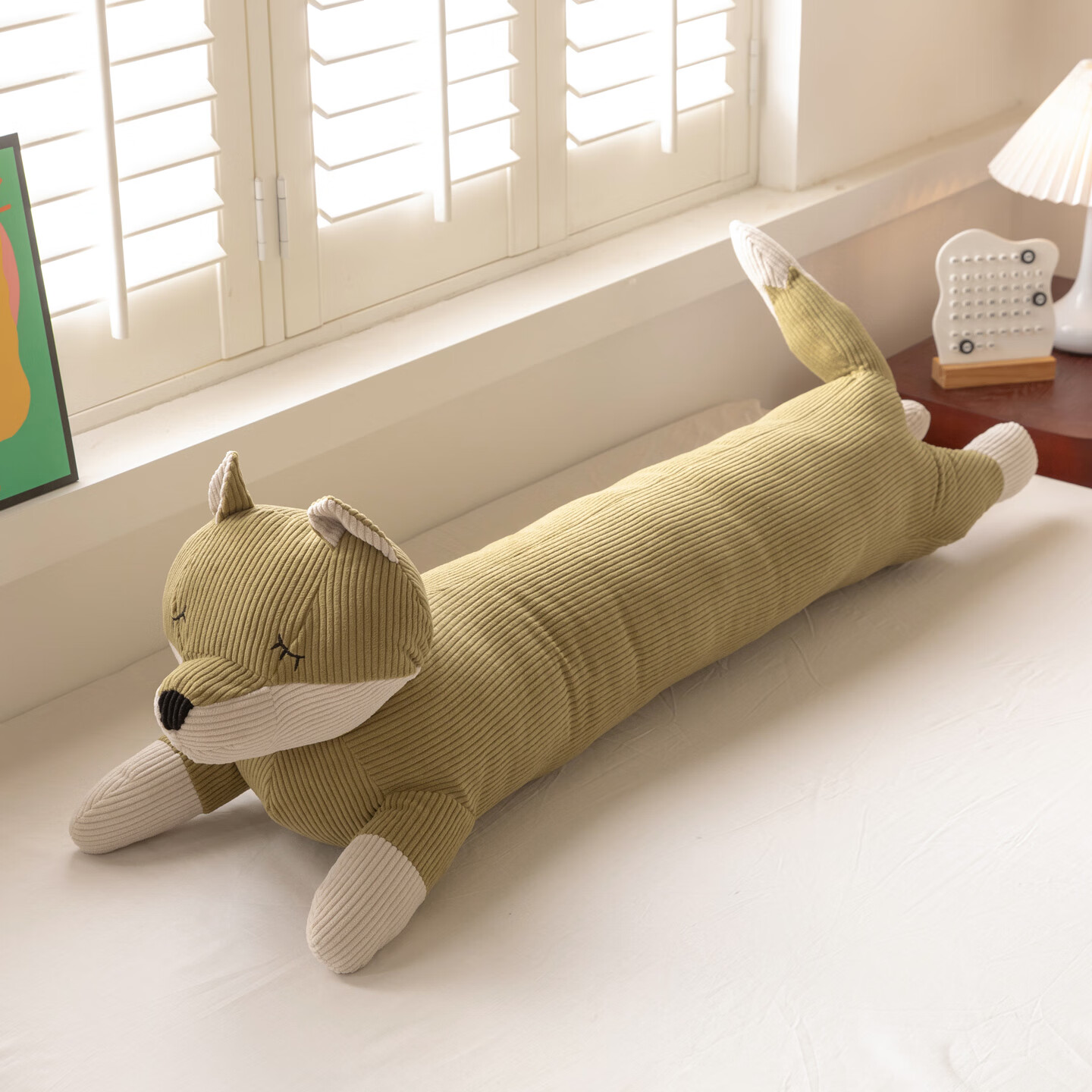 恒源祥灯芯绒狐狸玩偶长抱枕长条睡觉夹腿抱枕侧睡抱枕抱睡玩偶等身抱枕 灯芯绒狐狸玩偶长抱枕-草绿色 110cm*20cm 含枕芯