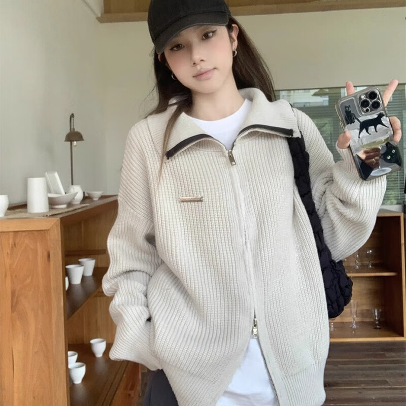 俞兆林针织毛衣女秋冬2025年新款双拉链开衫外套韩系慵懒风宽松显瘦上衣 浅灰色 【升级双拉链抗起球不变形】 均码 【适合80-140斤】